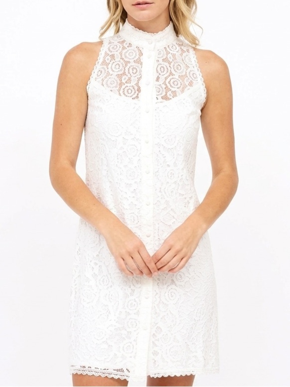 Alberta Ferretti| Luxury White Lace High-Neck Cotton Blend Chic Mini Dress Sz  4